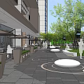 Modern Garden Landscape Design With Walkways Green Plants And Water Feature In Front Of Building