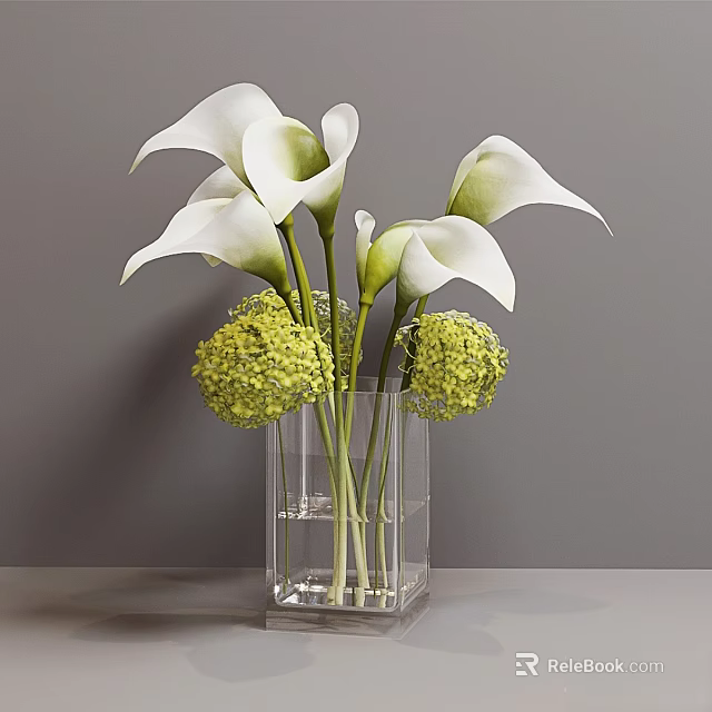 Decorative Ornament Set Featuring Transparent Glass Vase White Calla Lilies and Yellow Spherical Flowers 3d model 