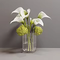 Decorative Ornament Set Featuring Transparent Glass Vase White Calla Lilies and Yellow Spherical Flowers