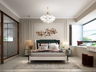 Modern Elegant Bedroom Interior With Round Chandelier Wooden Wall Decor Bedside Nightstands And Area Rug 3d model