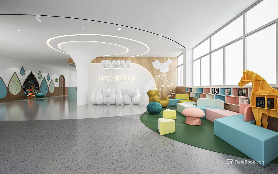 Modern Kindergarten With Colorful Furniture Open Play Space Reading Corner And Large Windows 3d model 