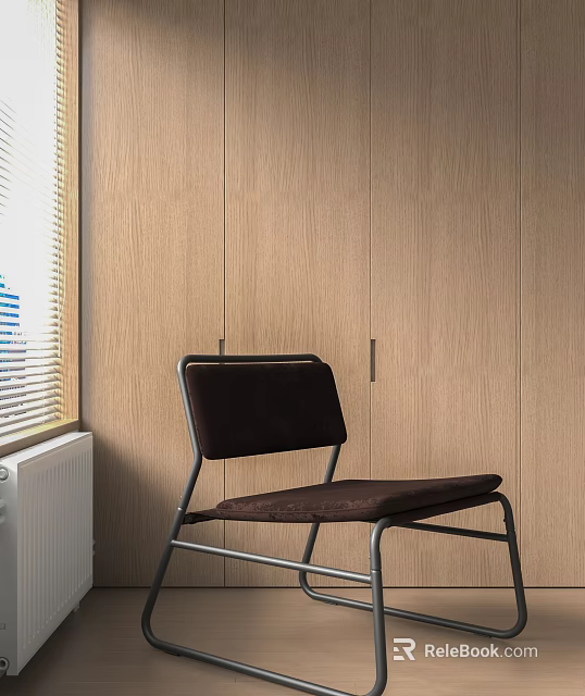 Leisure Chair Dark Brown Fabric Cushioned Backrest Metal Frame Against Light Wooden Wall By Window 3d model 