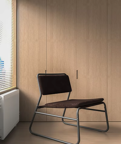 Leisure Chair Dark Brown Fabric Cushioned Backrest Metal Frame Against Light Wooden Wall By Window 3d model