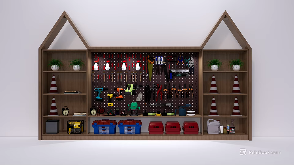 Public Facility Tool Storage Area With Pegboard Hooks Tools And Traffic Cones 3d model 