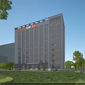 Modern Office Building With Glass Facade Green Lawn Trees And Parking Area