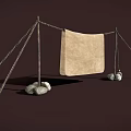 Simple Canvas Cloth Structure With Wooden Poles Ropes And Stones Setup