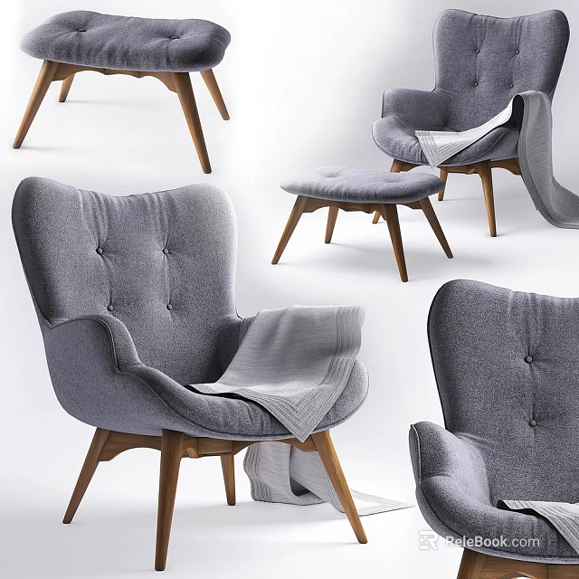 Gray Tufted Accent Chair With Wooden Legs And Armrests Featuring Soft Blanket 3d model 