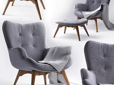 Gray Tufted Accent Chair With Wooden Legs And Armrests Featuring Soft Blanket 3d model