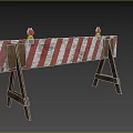 Red And White Striped Road Barrier With Wooden Support Stands And Yellow Warning Lights