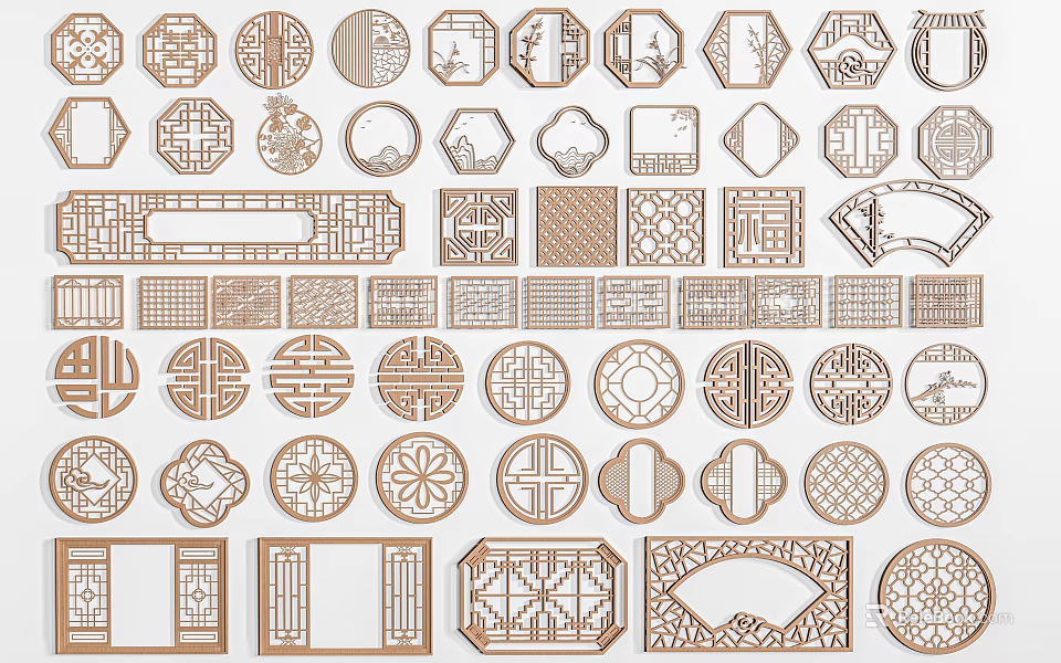 Various Traditional Carved Lattice Window Designs with Intricate Patterns and Shapes 3d model 