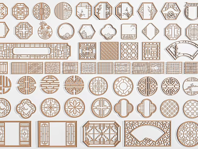Various Traditional Carved Lattice Window Designs with Intricate Patterns and Shapes 3d model