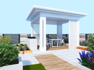 Modern Garden Landscape with White Pavilion Wooden Walkway Outdoor Seating Green Plants and Colorful Flowers 3d model