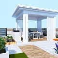 Modern Garden Landscape with White Pavilion Wooden Walkway Outdoor Seating Green Plants and Colorful Flowers
