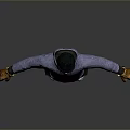 Man In Purple Hoodie Black Pants Yellow Gloves White Blue Shoes Standing On Gray Background