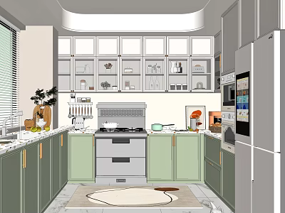 Modern Kitchen Interior With Green Cabinets White Countertops Stove And Refrigerator 3d model