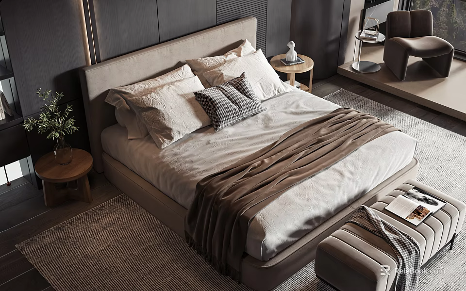 Modern Double Bed with Upholstered Headboard Plush Pillows Brown Blanket Nightstand Plant and Footstool 3d model 