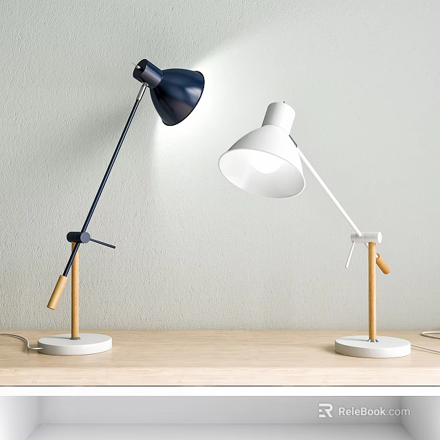 Navy Blue and White Table Lamps with Wooden Handles White Bases on Wooden Tabletop 3d model 