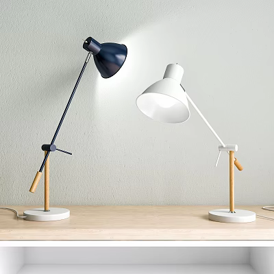 Navy Blue and White Table Lamps with Wooden Handles White Bases on Wooden Tabletop 3d model