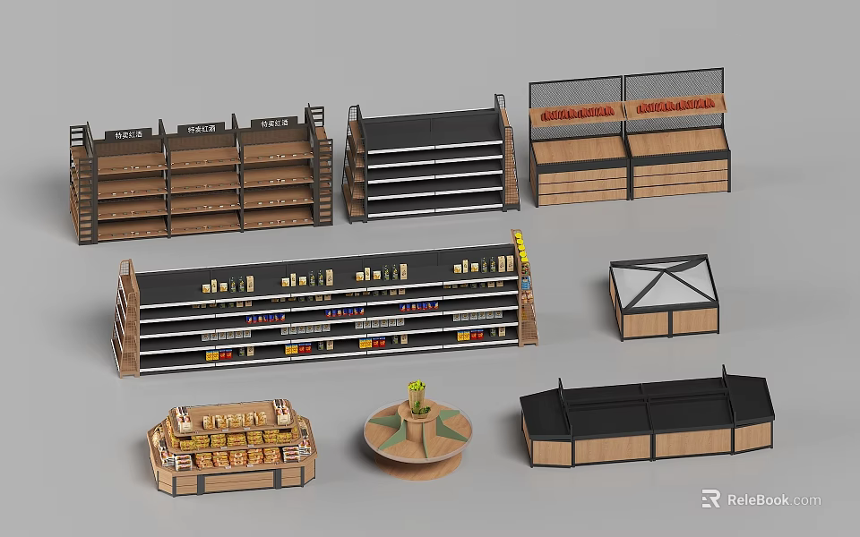 Various Retail Display Shelves With Multiple Layers Wood Metal Structures And Glass Tops 3d model 