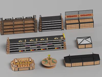 Various Retail Display Shelves With Multiple Layers Wood Metal Structures And Glass Tops 3d model