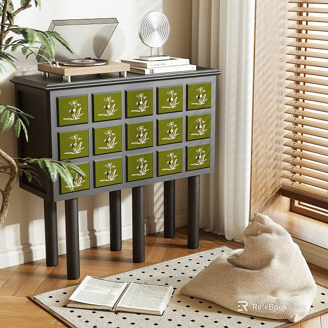 Dark Console Table with Green Decorative Drawers Slim Legs and Books on Wooden Floor 3d model 