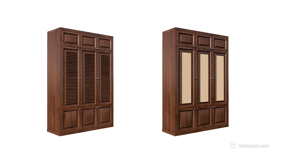 Dark Brown Wooden Wardrobes With Louvered And Fabric Panel Door Designs 3d model 