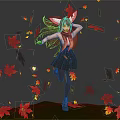 Fox Eared Female Character Leaping With Long Hair And Black Dress Amid Falling Maple Leaves
