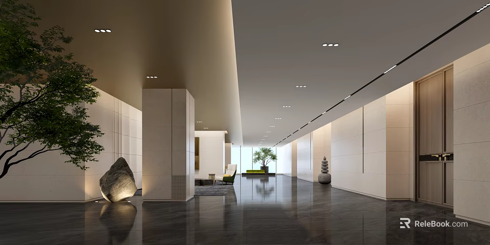Modern Minimalist Conference Room With Marble Floor Green Plants And Chandeliers 3d model 