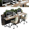 Modern Office Desk Interior With Ergonomic Chairs Computer Monitors And Green Plants