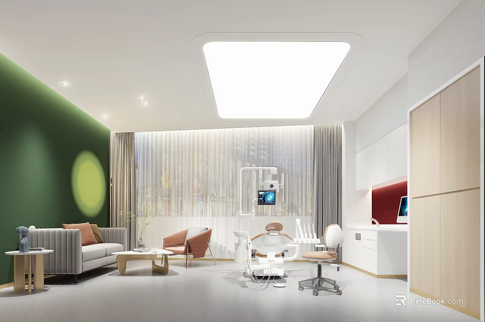 Modern Hospital Outpatient Clinic Interior Design With Waiting Area Sofas Reception Desk And Soft Lighting 3d model 