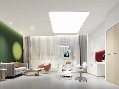 Modern Hospital Outpatient Clinic Interior Design With Waiting Area Sofas Reception Desk And Soft Lighting 3d model