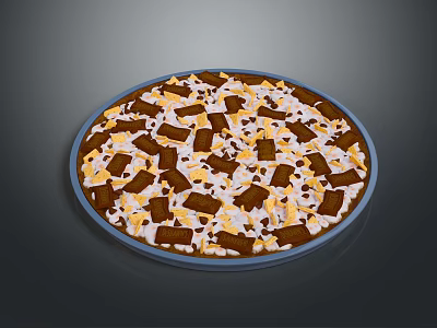 Delicious Chocolate Dessert Pizza Topped With Chunks Yellow Crumbles And White Powder On Blue Plate 3d model
