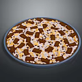 Delicious Chocolate Dessert Pizza Topped With Chunks Yellow Crumbles And White Powder On Blue Plate
