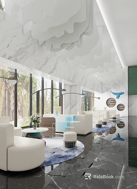 Amusement Park Modern Lounge With Marble Sofas And Large Windows 3d model 