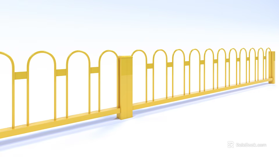 Yellow Metal Fence With Arched Panels And Square Support Posts 3d model 
