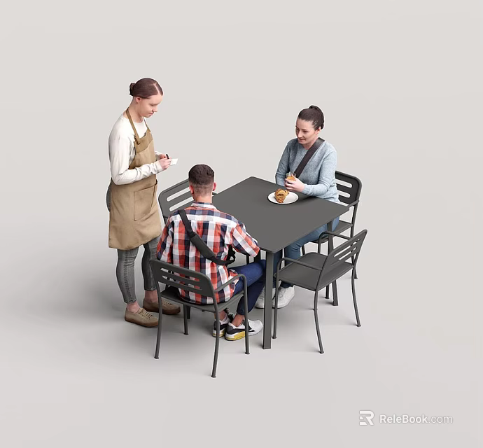Group of People Sharing Meal Together Around Dining Table With Chairs 3d model 