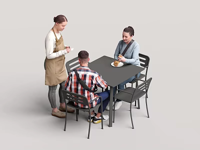 Group of People Sharing Meal Together Around Dining Table With Chairs 3d model