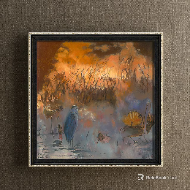 Vibrant Animal Painting Featuring Blue Heron Orange Red Sky Reeds Lotus Leaves and Water Surface 3d model 