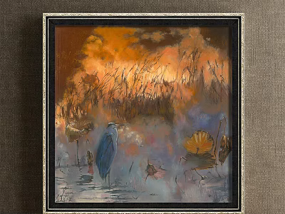 Vibrant Animal Painting Featuring Blue Heron Orange Red Sky Reeds Lotus Leaves and Water Surface 3d model