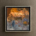 Vibrant Animal Painting Featuring Blue Heron Orange Red Sky Reeds Lotus Leaves and Water Surface