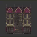 Gothic Style Display Cabinet With Purple Gold Accents Intricate Carvings Spires Shelves And Drawers