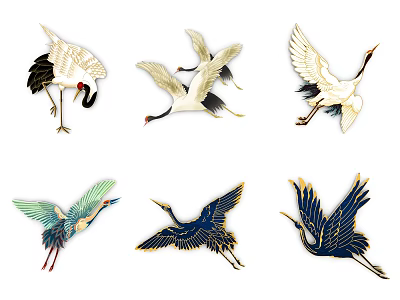 Wall Decor Featuring Ornamental Multicolored Cranes In Various Poses And Designs 3d model