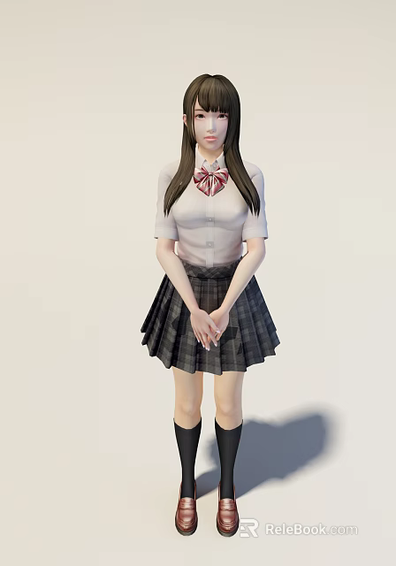 Woman In White Shirt With Red Bow Tie Plaid Pleated Skirt And Black Socks 3d model 