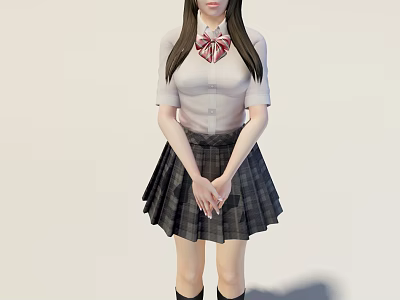Woman In White Shirt With Red Bow Tie Plaid Pleated Skirt And Black Socks 3d model