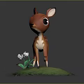 Cute Brown Fawn 3D Model Standing On Green Grass With Small Flower