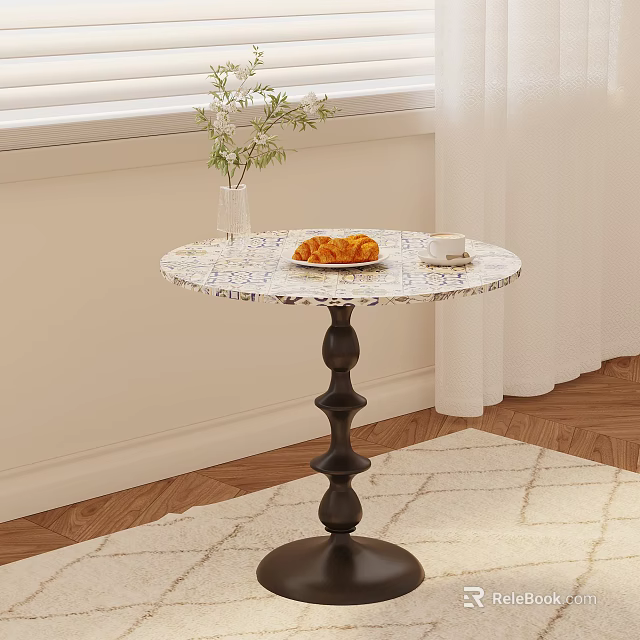 Marble Top Side Table with Black Spiral Base Holding Croissants Coffee and White Flower Vase 3d model 