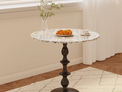 Marble Top Side Table with Black Spiral Base Holding Croissants Coffee and White Flower Vase 3d model
