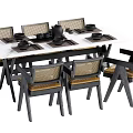Modern Dining Table Set With White Tabletop Dark Frame Woven Back Chairs And Black Dinnerware 3d model