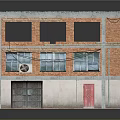 Two Story Brick Building Model With Gray Roof Windows Air Conditioning Units And Red Door