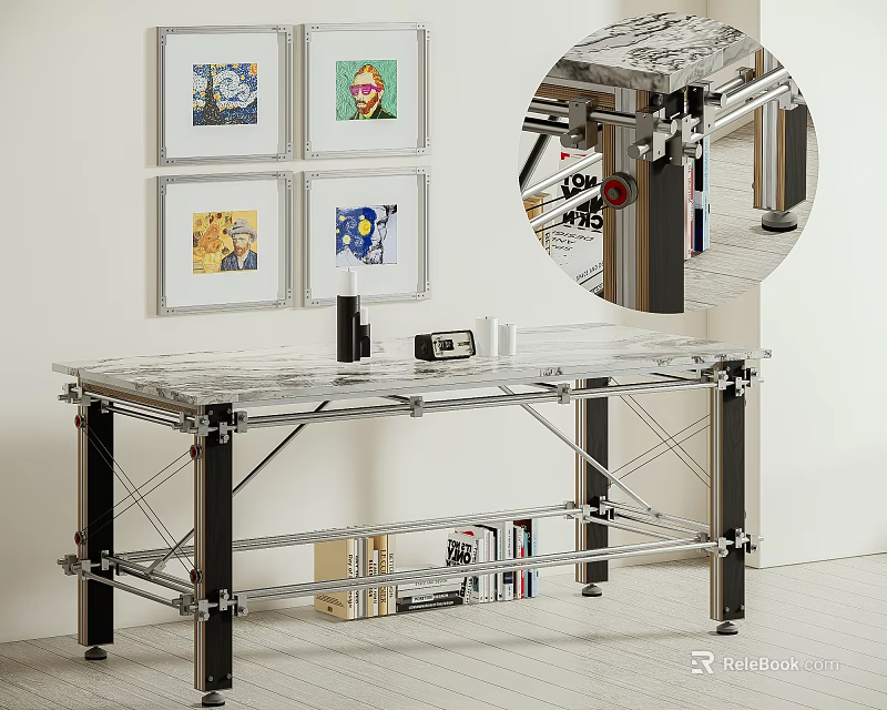 Modern Clear Top Desk With Sturdy Metal Frame Framed Artworks And Books Below 3d model 